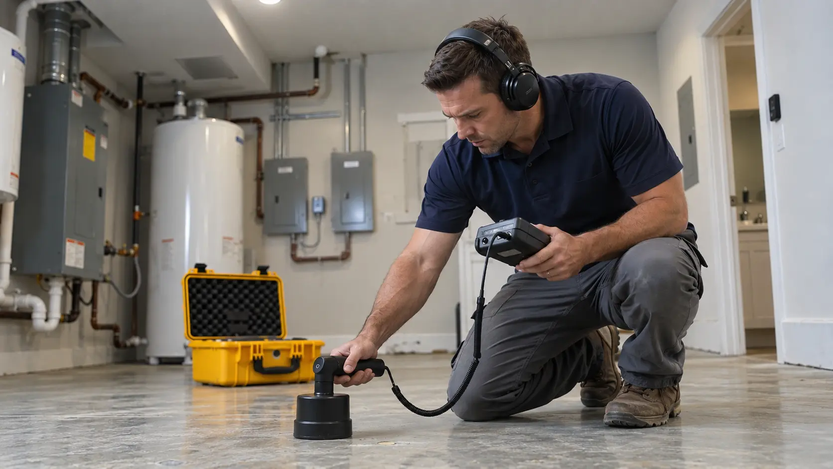 Technician using leak detection equipment on a floor inside a Perris home