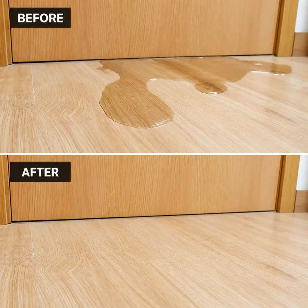 Before and after view of water damage from a hidden leak in a Perris home